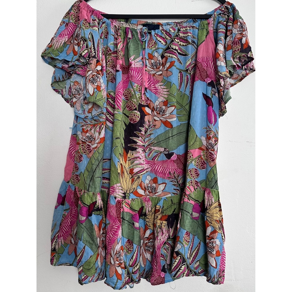 Tropical Paradise Bird Floral Off Shoulder Flutter Sleeve Dress Oversized Bold M